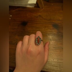 Adjustable Silver Tone and Red Stone Ring